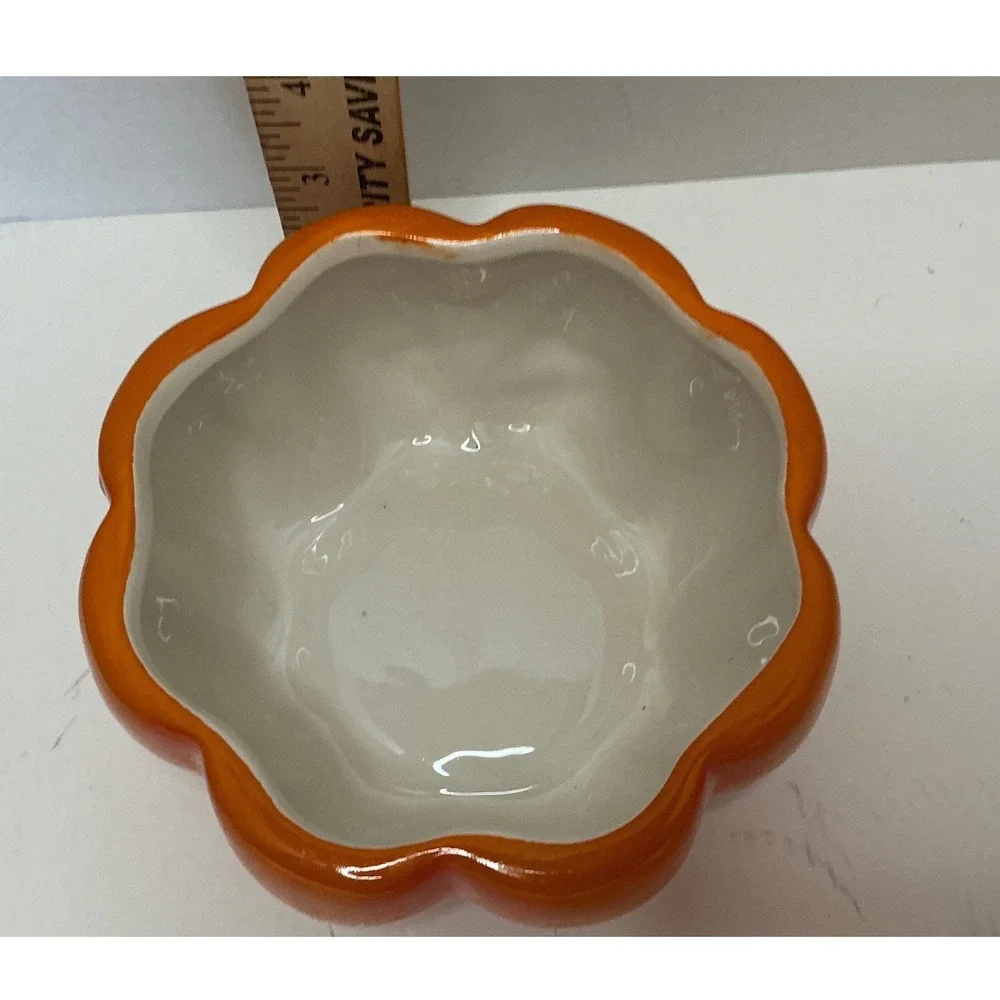 Hand Painted Earthenware Pumpkin Bowl Orange Scalloped Fall Decor 6 Inch